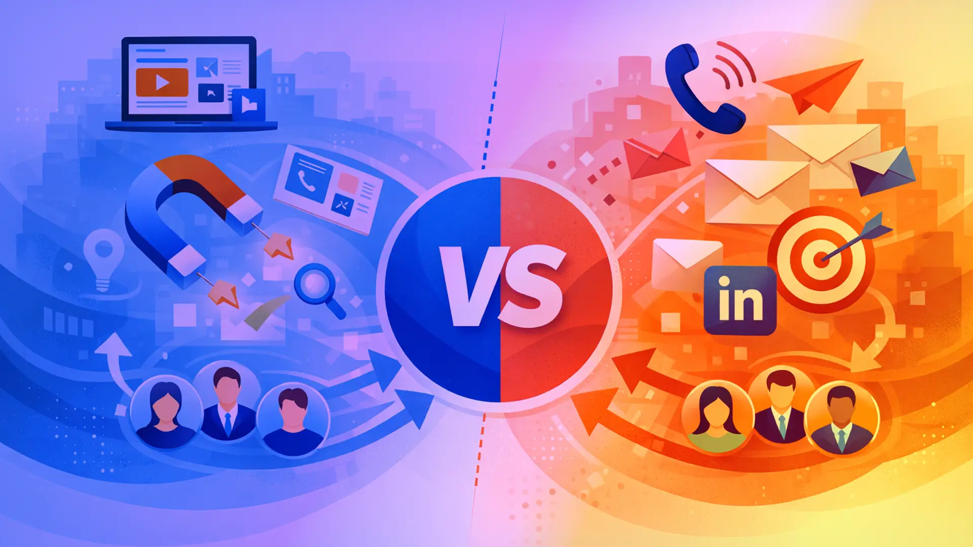 Inbound vs outbound leads comparison showing content marketing, SEO, and chat for inbound, versus cold calling, email outreach, and LinkedIn targeting for outbound lead generation