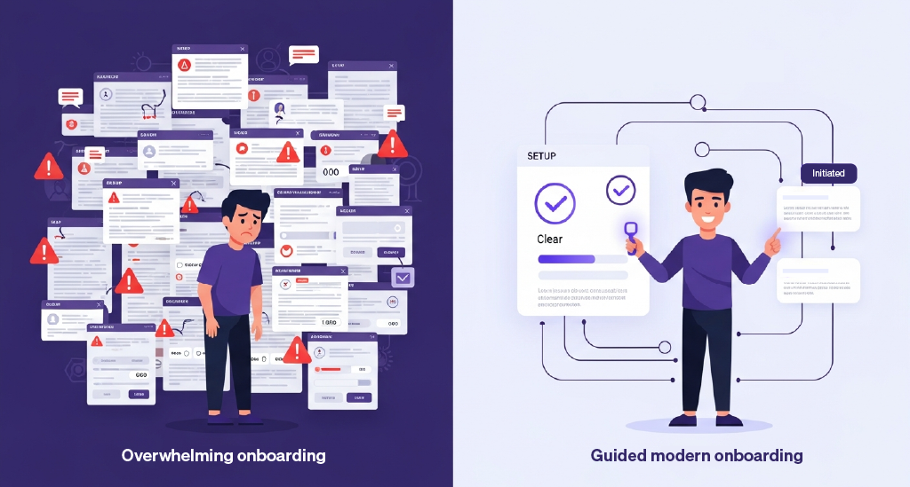 Side-by-side comparison of overwhelming onboarding vs. guided modern onboarding.