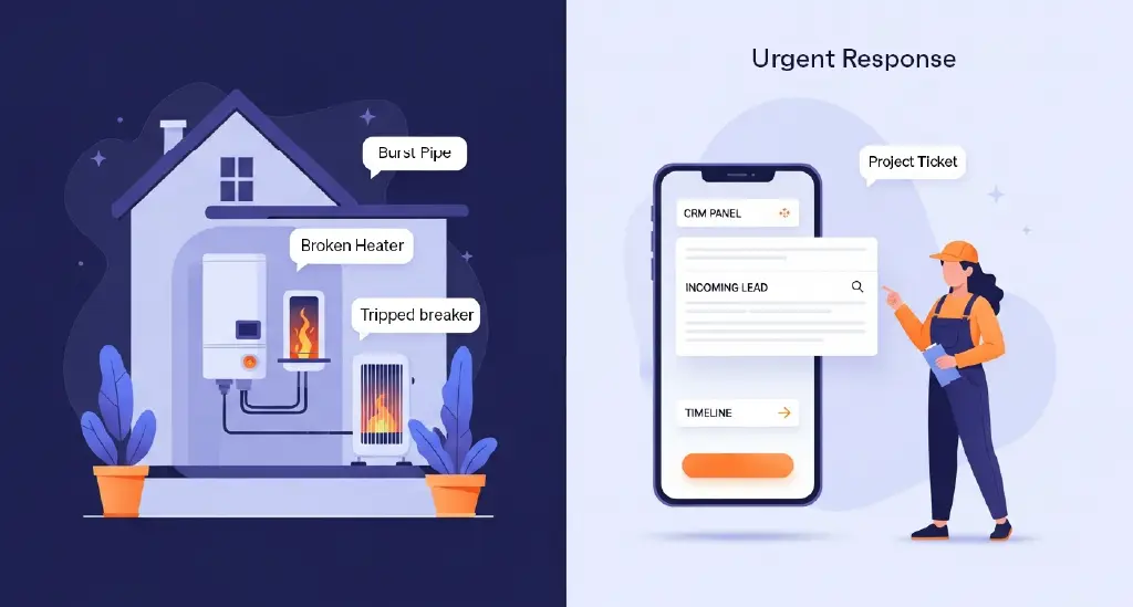 A strong, service-focused visual works well here: a technician answering a call, a homeowner pointing to a leak, or a montage of home-service emergencies. This instantly sets the urgency-driven tone of the piece.