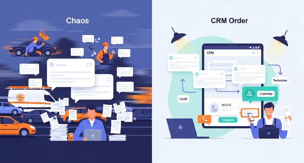 A photograph showing technicians, vans, or a busy dispatch center represents what home-service operations actually look like. It visually reinforces how much coordination happens behind the scenes and how a CRM stabilizes that movement.