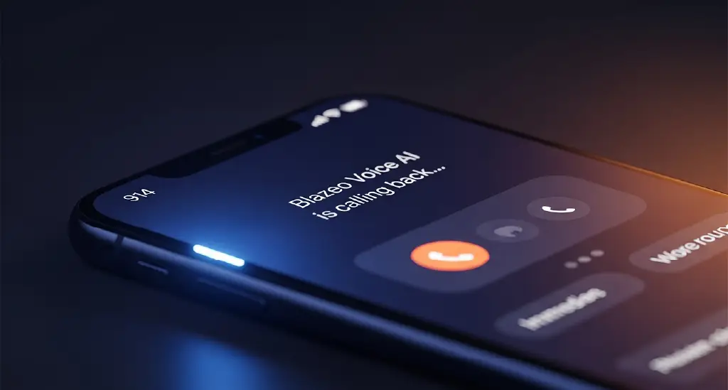 A call screen showing “Blazeo Voice AI is calling back…” with a clean interface, or a stylized illustration of an AI voice agent reconnecting with a customer instantly.