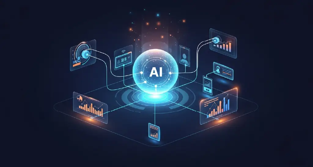 A futuristic but clean visual of an AI assistant connected to multiple devices, or a glowing network line indicating real-time engagement and automation.