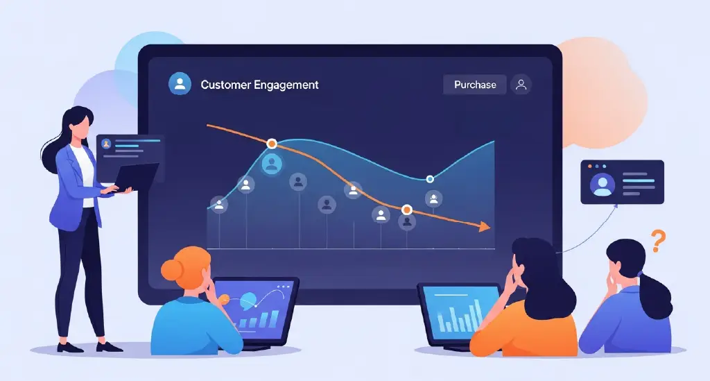 A team in a meeting room looking concerned, with a blurred dashboard showing dropping customer engagement.