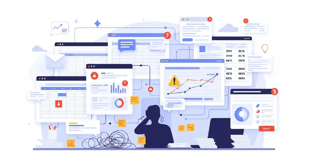 A clean, modern illustration or photograph symbolizing data chaos — multiple screens, scattered notes, or disconnected digital tools. This sets the emotional frame for fragmentation.