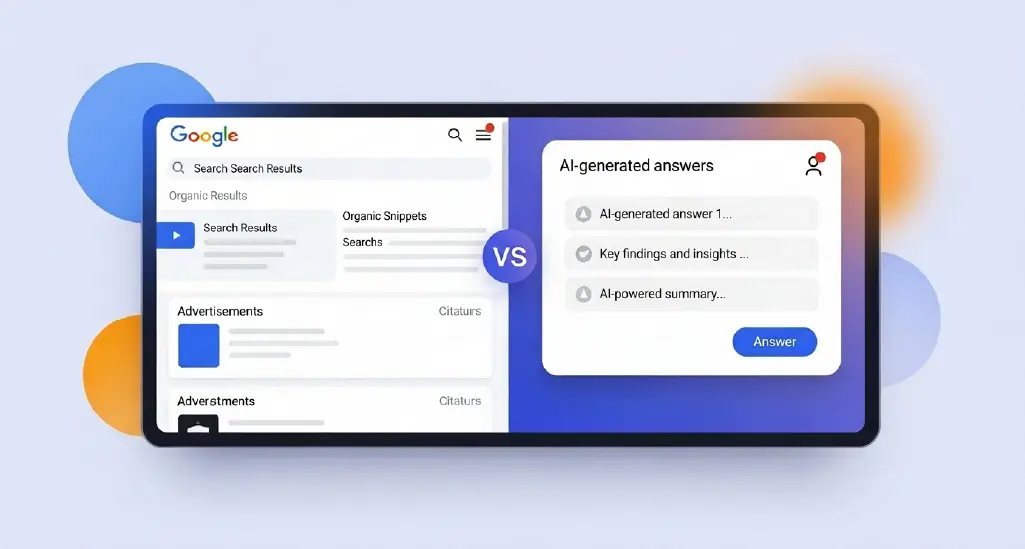 A split-screen visual. Left side: a traditional Google SERP with blue links and ads. Right side: an AI-generated answer box with citations highlighted.