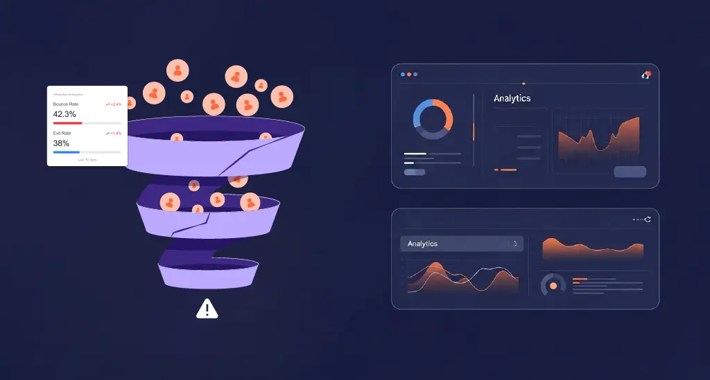 A visual showing a leaky funnel or disappearing visitors exiting a website, contrasted with analytics dashboards showing bounces and exits. The emphasis should be on lost intent, not just traffic loss.
