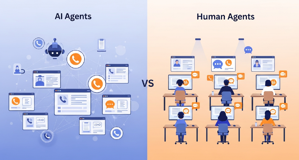 A conceptual comparison visual showing AI agents and human agents side by side, handling incoming calls, chats, and leads — emphasizing scale vs limitation, not conflict.