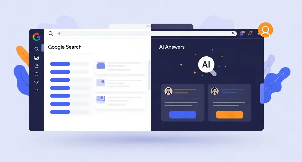 A split-screen visual showing a traditional SERP on one side (blue links) and an AI-generated answer with cited sources on the other.