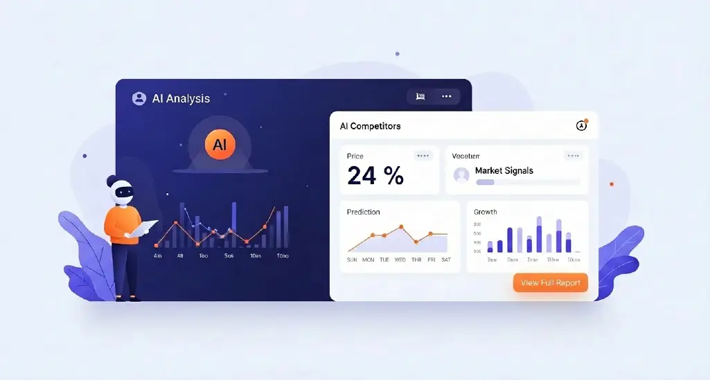 A clean, abstract illustration or dashboard-style visual showing AI analyzing competitors, market signals, or growth metrics. (Avoid literal robots or sci-fi imagery. Think calm intelligence, not hype.)