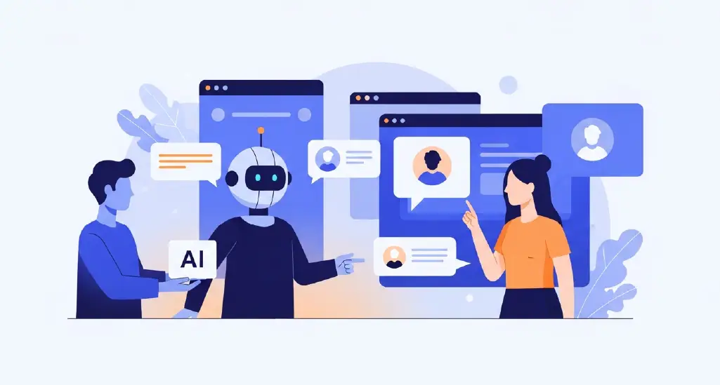 An abstract, editorial illustration showing AI systems and human interaction—clean, modern, slightly restrained. Avoid robots or faces that look too “sci-fi.”