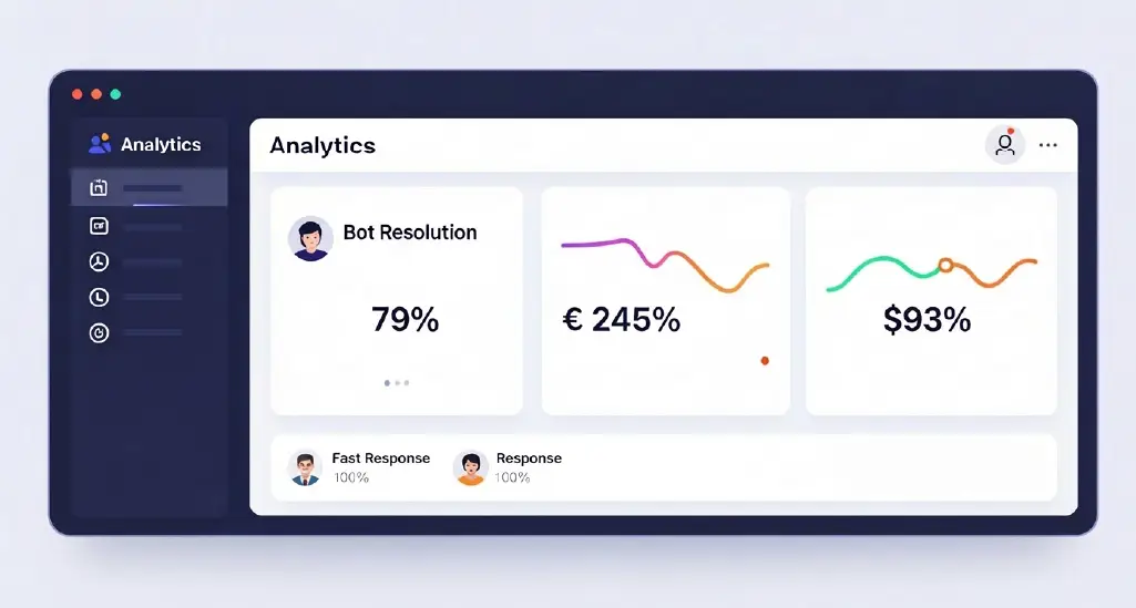 A clean analytics dashboard with high bot resolution rate, rising CSAT, and fast response times — everything looks positive, polished, and “successful,” but with no visible revenue or pipeline indicators.