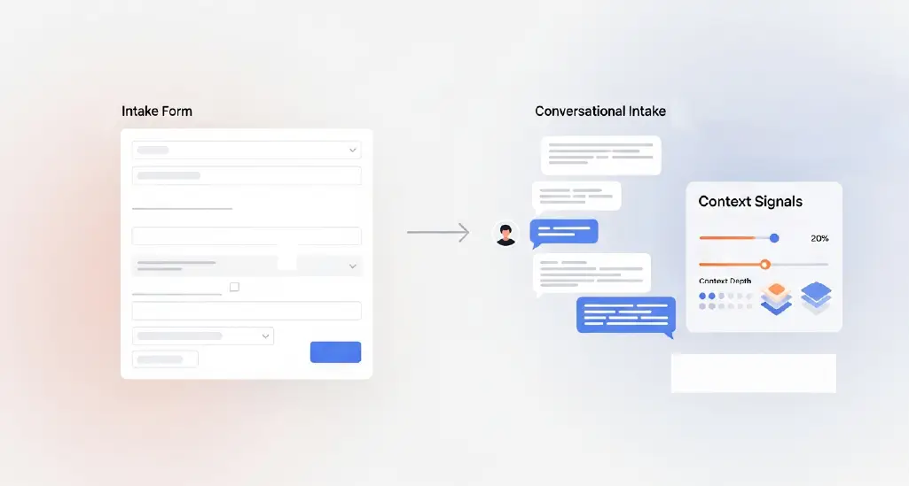 A website chat or intake conversation in progress, showing a user explaining their situation in free text rather than filling out a rigid form—capturing urgency, emotion, or context.