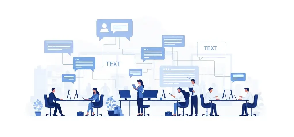 A split-screen office scene: on one side employees working normally, on the other side faint browser windows showing AI tools being used quietly in the background.