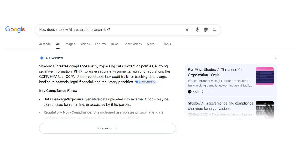 A Google-style search page showing an AI-generated summary at the top instead of traditional blue links.