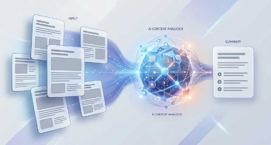 Multiple blog articles feeding into a central AI brain that produces one summarized answer.