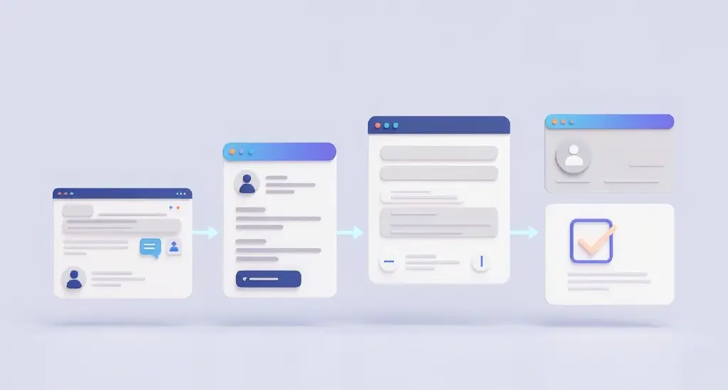 A simple customer journey flow — AI answer → social post → webinar → sales call → conversion.