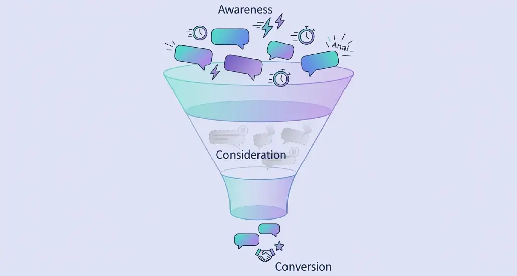 A visual funnel showing fast responses at the top but stalled conversations in the middle, illustrating the gap between response speed and actual conversion.