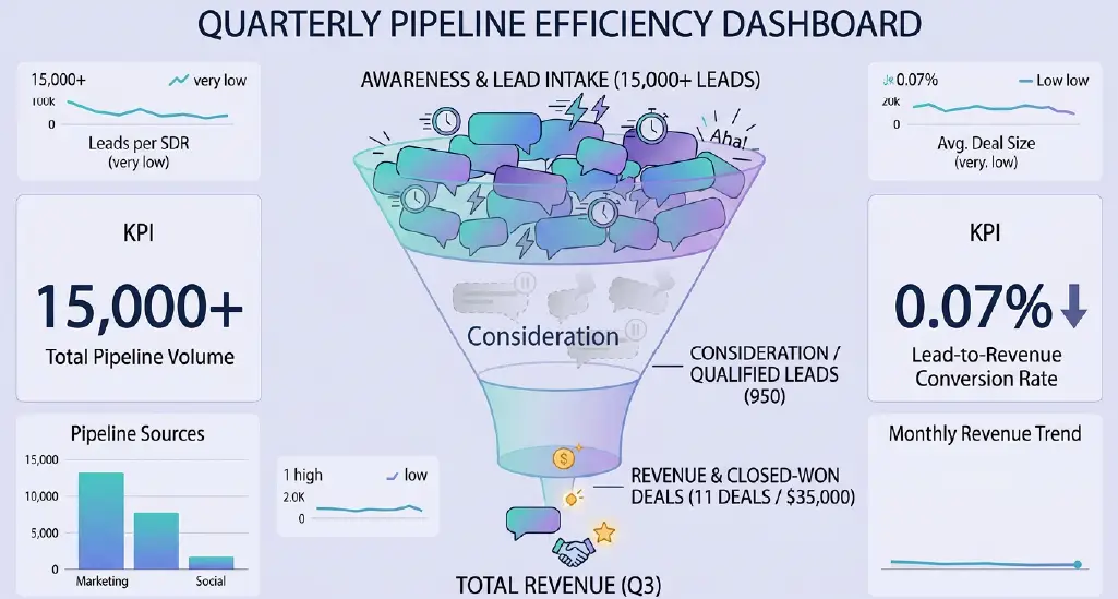 A dashboard showing a huge pipeline funnel at the top but only a tiny amount turning into revenue at the bottom.