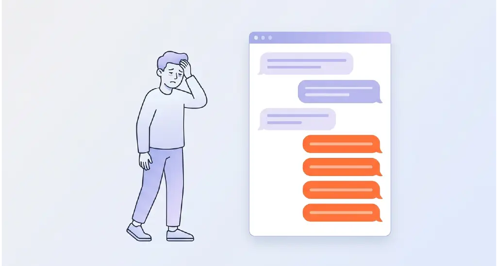 A frustrated user staring at a looping chatbot response like “I didn’t understand that” repeated multiple times.