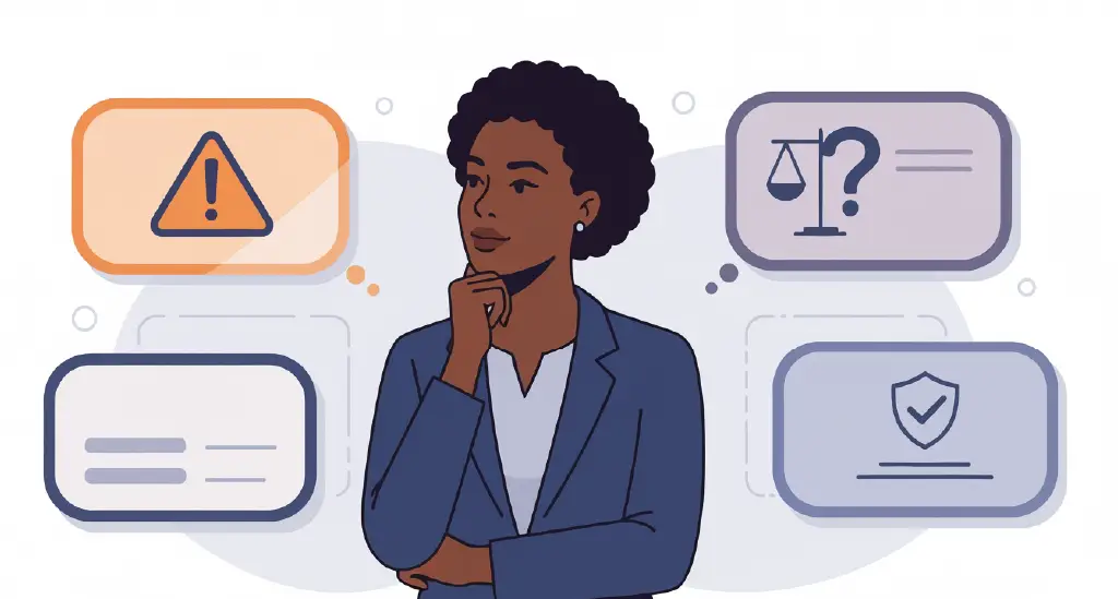 Illustration of a buyer surrounded by thought bubbles (risk, doubt, comparison, trust).