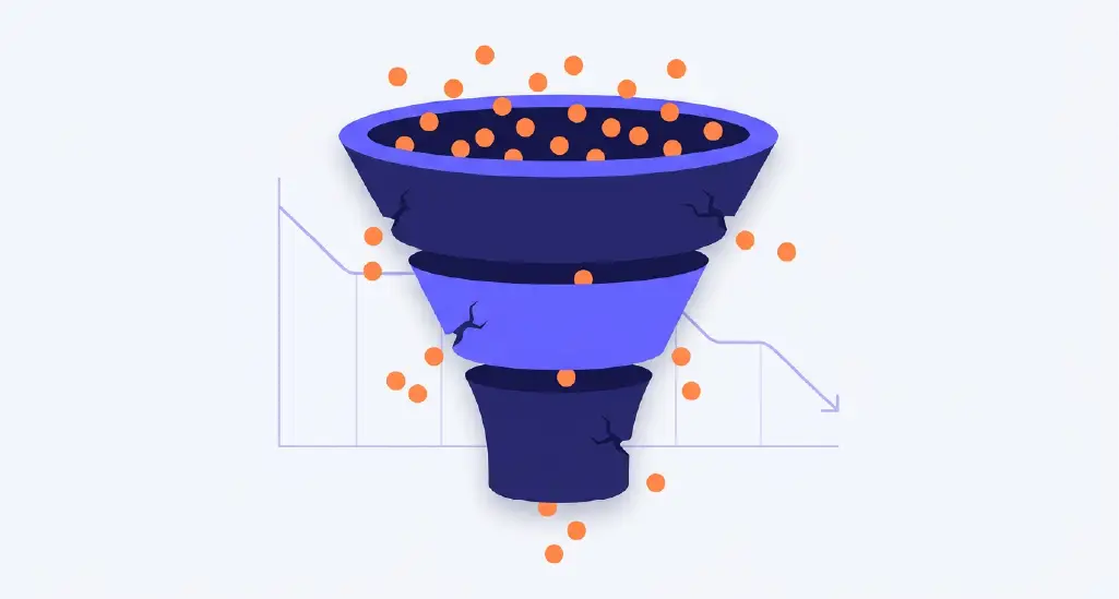 A visual of leads “leaking” through cracks in a sales funnel while revenue graphs decline subtly in the background. 