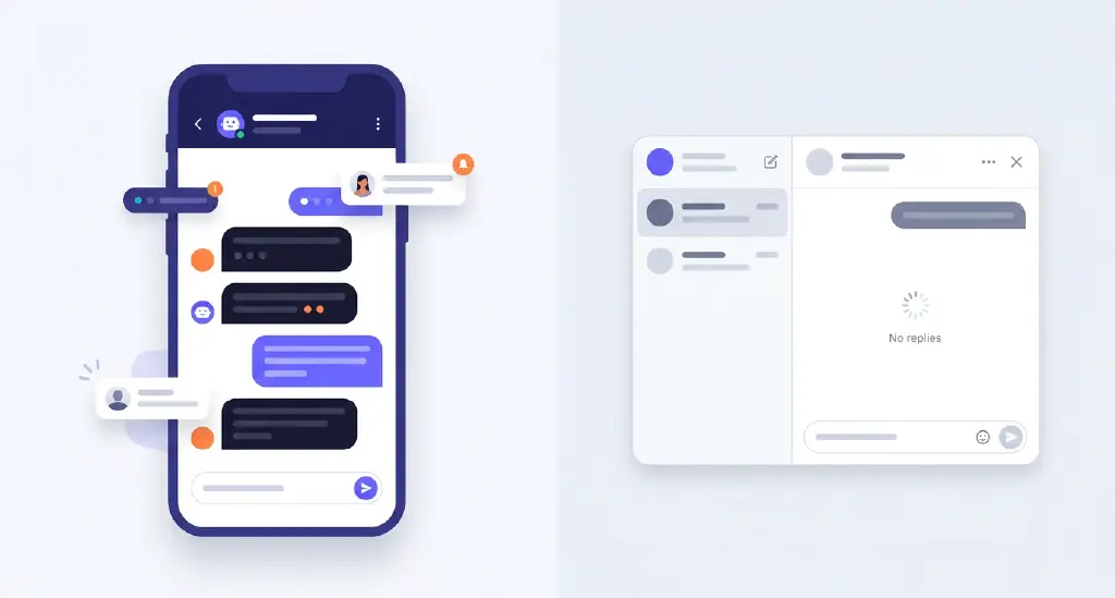A split-screen showing a smooth customer journey versus a delayed, frustrating one with missed notifications and abandoned chats.