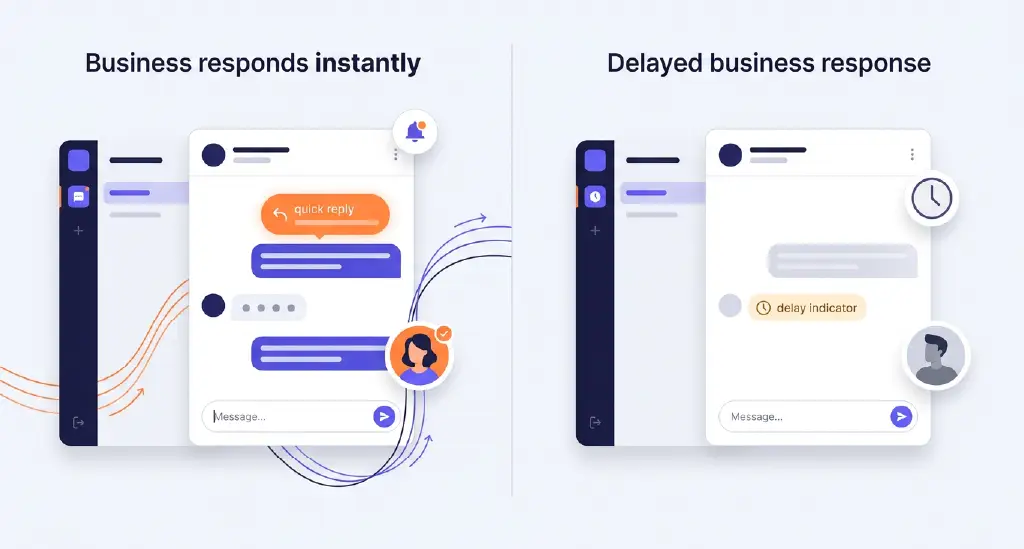 Side-by-side comparison showing one business replying instantly while another responds hours later.