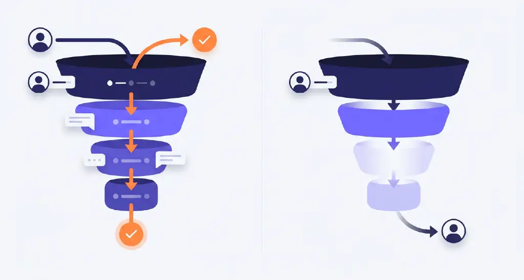 A customer progressing smoothly through a fast-response funnel versus abandoning a delayed interaction.