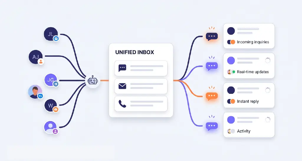 A modern AI assistant or live dashboard automating lead routing and instant replies across channels.