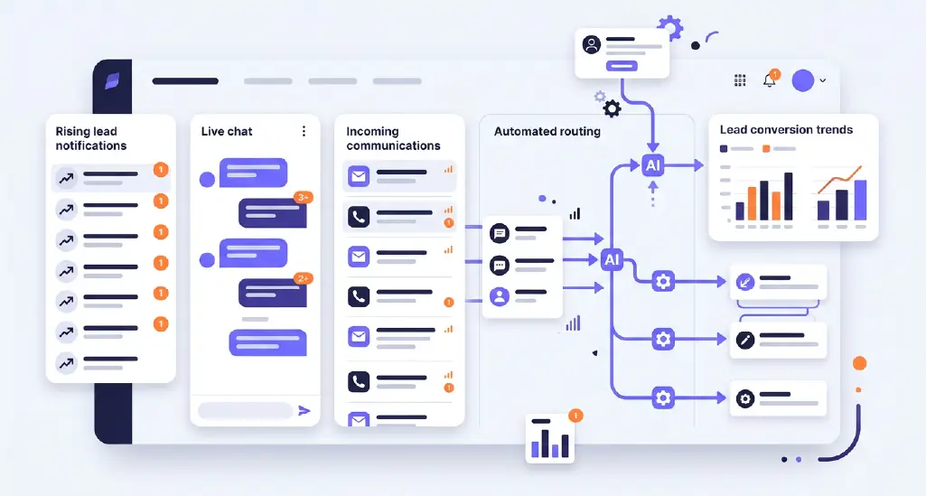 A busy sales team dashboard showing rising lead notifications, multiple communication channels, and AI-driven workflows managing inquiries in real time.