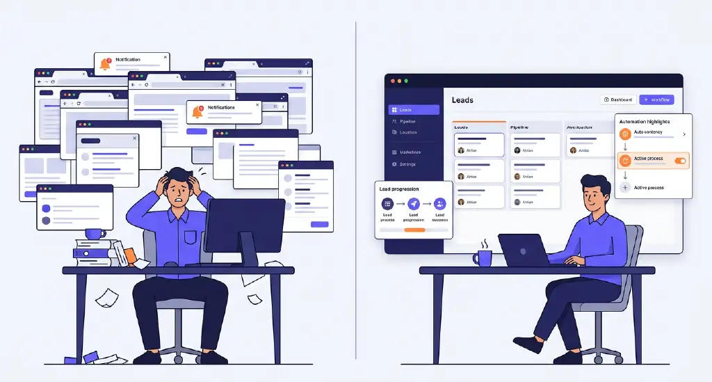 A split-screen comparison showing one overwhelmed sales rep juggling tabs versus an organized automated workflow with centralized lead management.