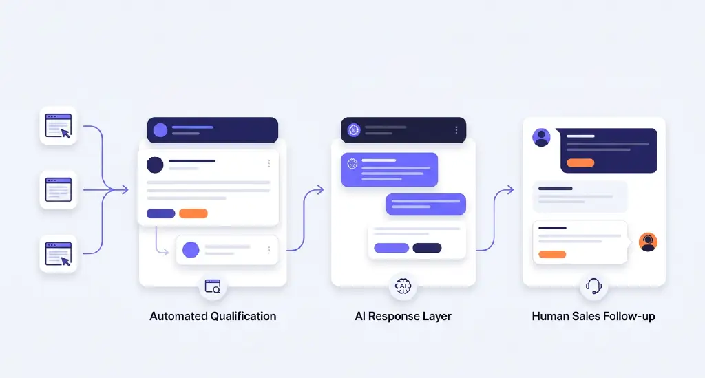 A visual flowchart showing leads moving from website inquiries into automated qualification, routing, AI responses, and human sales follow-up.