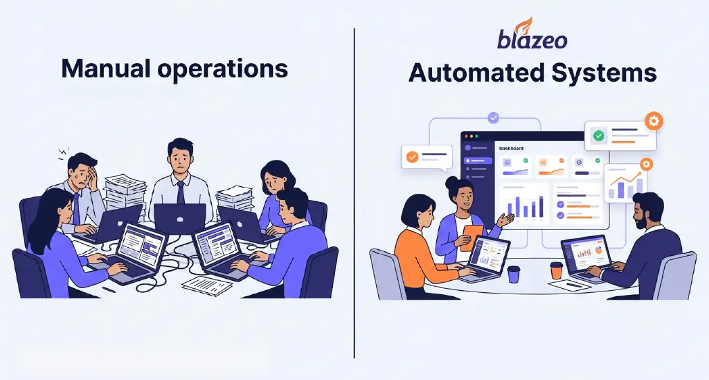 An office setting contrasting stressed manual operations against calm, tech-enabled collaboration with automation support.