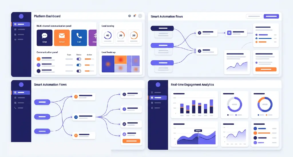 A clean interface showing unified multi-channel communication, lead scoring, smart automation flows, and real-time engagement analytics.