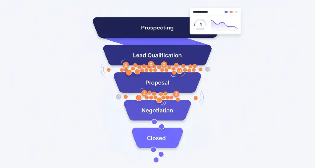Visual showing a clogged sales funnel with stagnant leads stuck between stages.