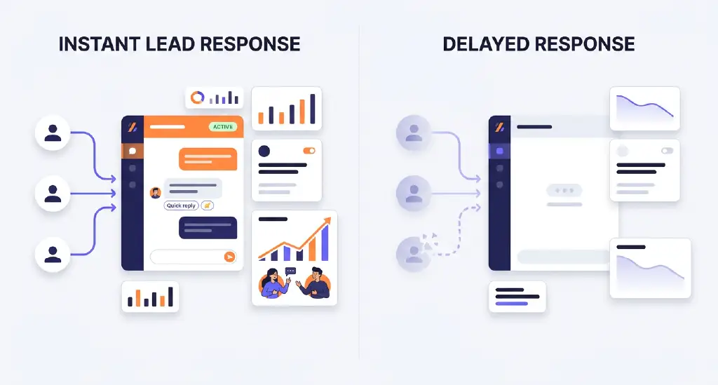Split-screen image comparing instant lead response versus delayed response outcomes.