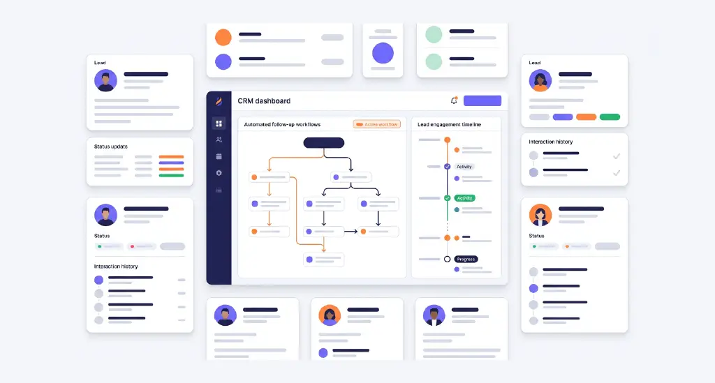 A CRM dashboard showing automated follow-up workflows and lead engagement timelines.