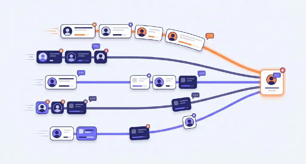 A race-inspired visual with competing brands responding to the same lead at different speeds.