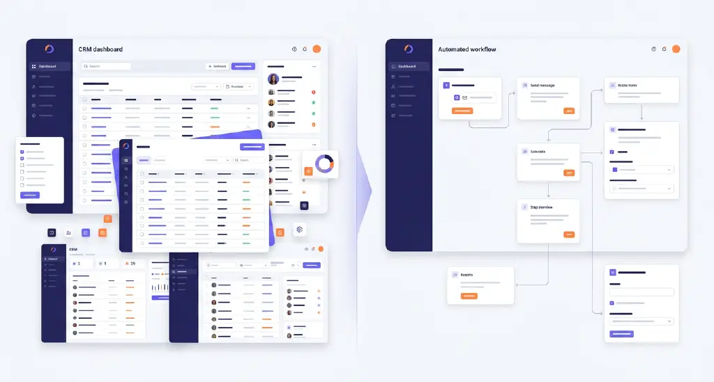A cluttered CRM dashboard beside a streamlined automated workflow system.