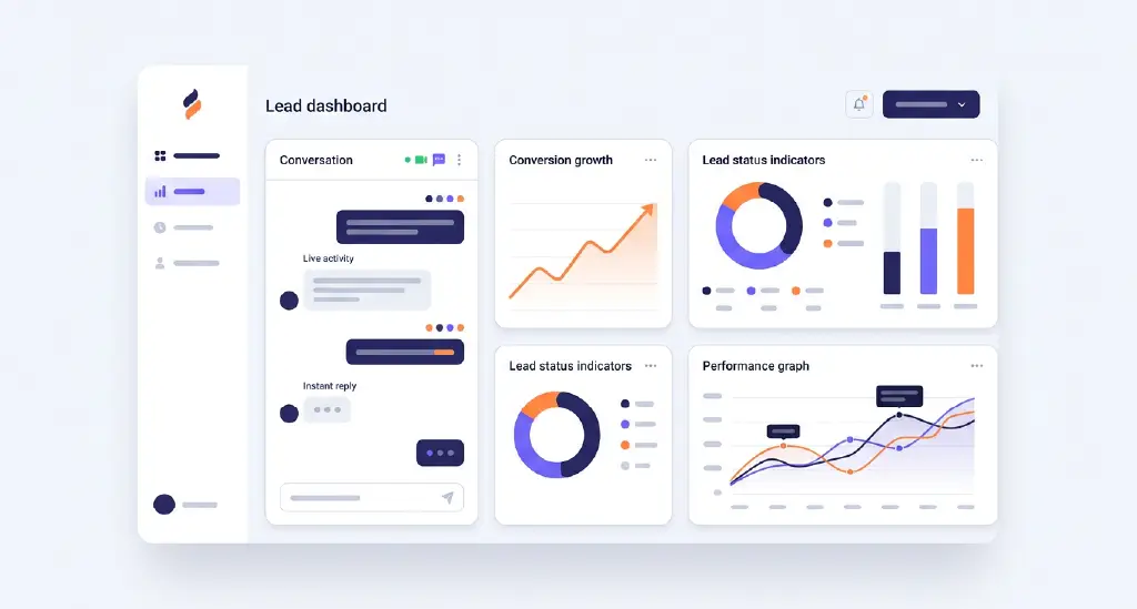 A clean, modern sales dashboard showing active lead engagement, instant replies, and upward conversion trends.