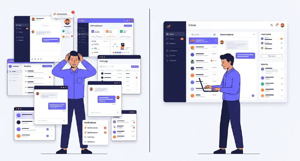 A split-screen visual showing a sales rep overwhelmed with multiple apps on one side and a clean unified inbox dashboard on the other.