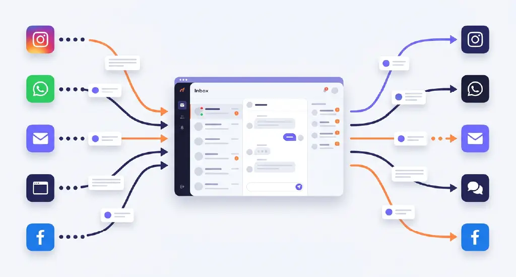 An infographic-style image showing leads flowing from Instagram, WhatsApp, Email, Website Chat, and Facebook into one centralized inbox.