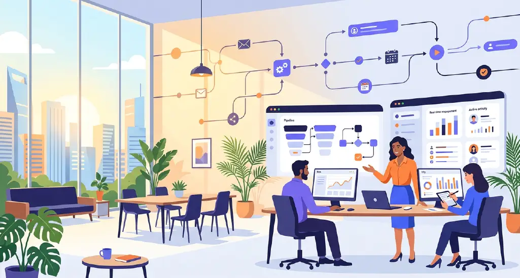 A visual showing a sales team entering summer with organized dashboards and automated workflows running smoothly in the background.