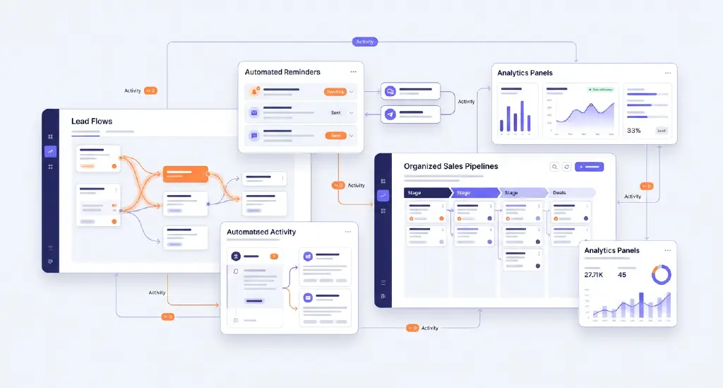 A calm operations center visual showing lead flows, automated reminders, and centralized sales pipelines functioning efficiently.