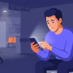 A dimly lit emergency room waiting area with someone searching for a lawyer on their phone late at night. 
