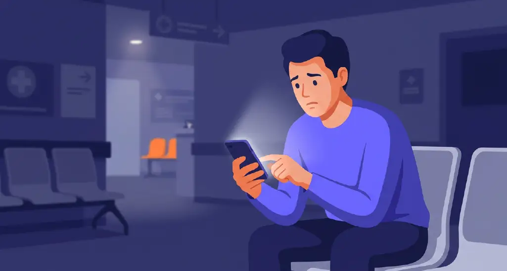 A dimly lit emergency room waiting area with someone searching for a lawyer on their phone late at night. 