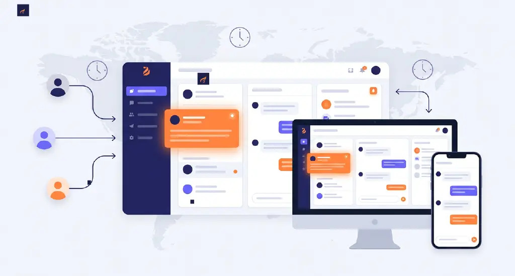 Split-screen showing multiple unanswered chat requests piling up versus a single overwhelmed support agent. 