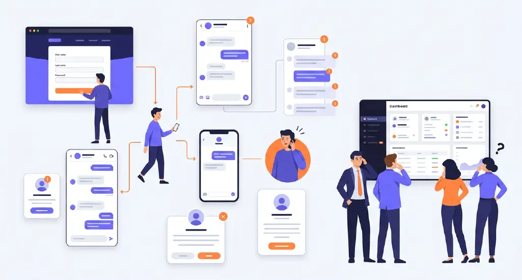 Customer journey showing one person moving between website form, social media message, SMS, and phone call while the business struggles to track interactions.