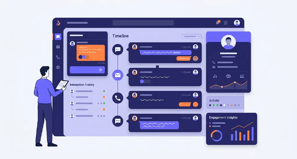 Sales representative viewing a complete customer communication history from multiple channels in one centralized workspace. 