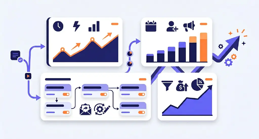 Dashboard showing lead response times, appointment bookings, follow-up sequences, and conversion metrics improving over time.